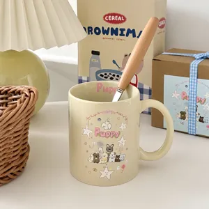 Cute puppy ceramic mug detail shot, ceramic coffee cup with wooden spoon on cozy table.