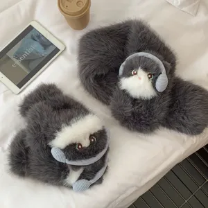 Cozy plush cat winter scarf and gloves set for women, cute fluffy warm grey thermal wear.