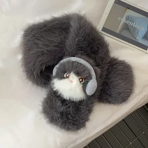 Cute grey cat plush scarf winter warm thick fluffy muffler with cute headphones design.