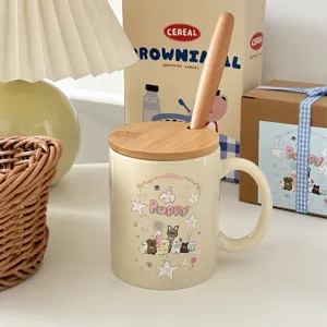 Cartoon Puppy Large Capacity Ceramic Mug With Wooden Lid And Spoon Gift Box Set Cute Dog Pattern Couple Drinking Cup