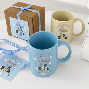 Original cartoon puppy ceramic mug couple gift box set, large capacity cute water cup.