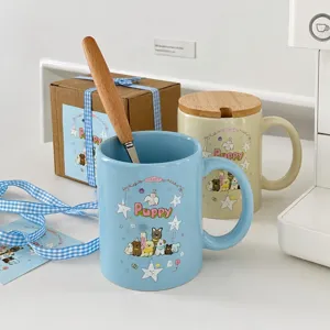 Original puppy cartoon ceramic coffee mug with wooden lid and spoon gift box set.