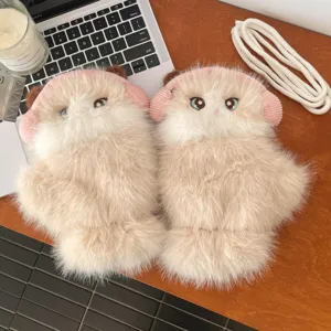 Cute plush cat winter gloves detail, soft warm fluffy hand warmer with pink knit earmuff.