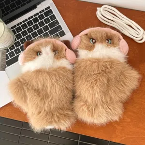 Close-up detail of fluffy cat plush gloves with cute pink earmuffs, warm winter accessories.