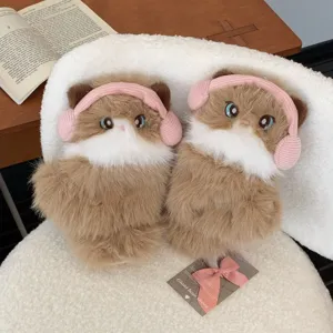 Fluffy cat plush slippers winter warm cozy shoes cute pink earmuffs sweet indoor footwear