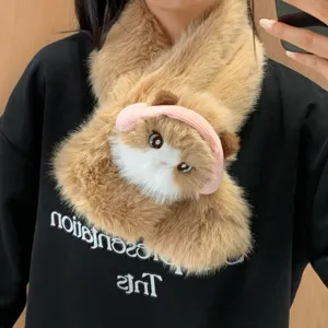 Soft plush cat winter scarf detail, warm faux fur neck warmer with cute pink earmuffs style.