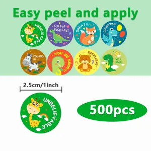 Detailed view of 500pcs 1inch cute cartoon animal reward stickers with inspiring text.