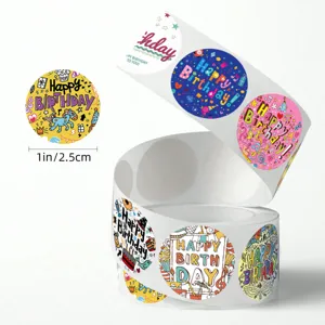 Happy birthday doodle sealing stickers roll, 1 inch 2.5cm round cake bakery dessert labels.