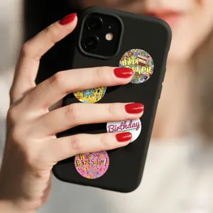Round happy birthday doodle stickers showing lovely cake designs for baking packaging.