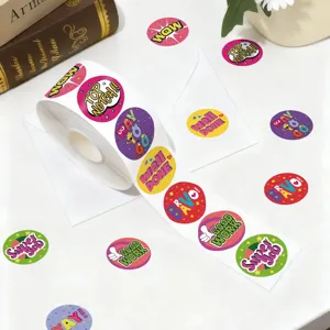 Roll of 500 cartoon English encouragement reward stickers for kids and school teachers.