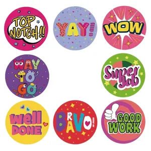 Cartoon English encouragement reward stickers roll, colorful round adhesive labels for kids.