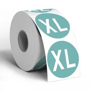 Rolle von XL Kleidergrößen Aufklebern, runde türkise Etiketten mit weißem Text, ideal zum Siegeln.