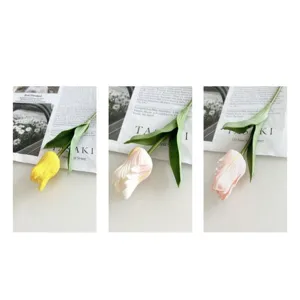 Close-up detail of artificial PU tulip flower bouquet, realistic touch petals for photography.