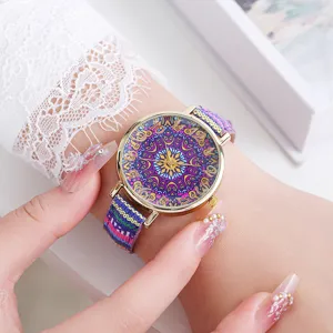 Bohemian Ethnic Style Women Quartz Watch Vintage Retro Floral Dial Canvas Strap Fashion Casual Wristwatch For Girls