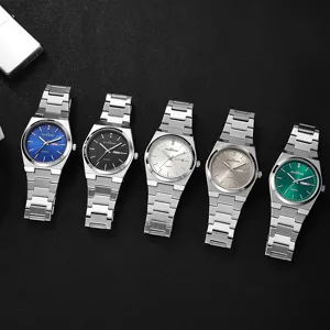 Stainless steel quartz mens watch featuring double calendar and stylish color dial.