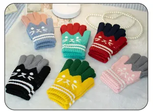 Kids winter knitted gloves cute cat pattern warm thick split-finger gloves set multicolor