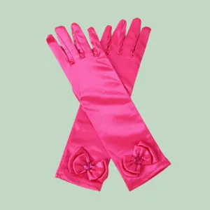 Kids pink satin long gloves with cute bow and gem detail for princess party stage performance.