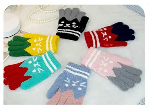 Children winter warm knit gloves featuring cute cat face design, soft and comfortable for kids.
