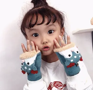 Kids winter warm half-finger plush knit gloves cute cartoon design thick cozy mittens