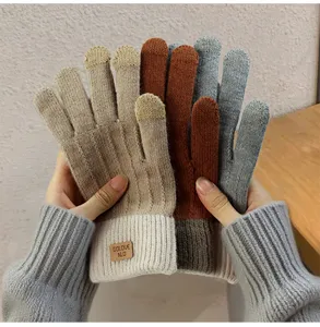 Primo piano dettagliato di guanti touchscreen in maglia con polsini a costine ed etichetta.