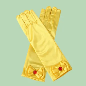 Kids yellow satin long princess gloves with red gem bow for stage performance party wear