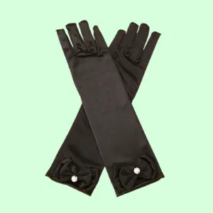 Black satin long gloves for kids princess dress up party performance with cute bow pearl.