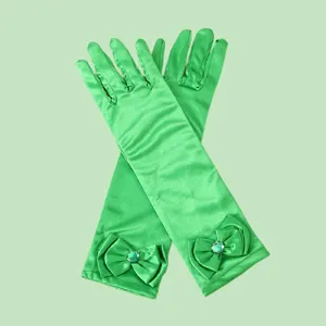 Green satin long gloves for kids girls stage performance party costume accessories.