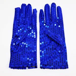 Royal blue sequin gloves detail showing shiny surface texture, perfect for dance stage performance.