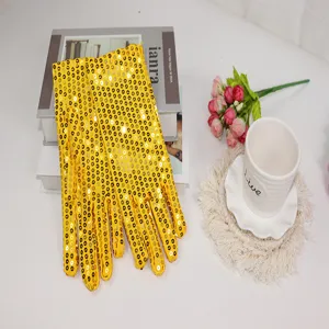 Bright yellow sequin performance gloves for dancing, stage shows, parties, and festive events.