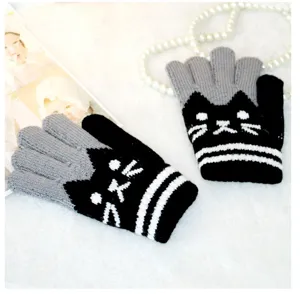 Children cute cat knit gloves detail view, soft winter warm split finger gloves for kids.