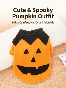 Halloween pet costume detail showing funny pumpkin face design and soft cozy fleece.