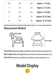 Pet Halloween costume size chart with measurement guide for dogs and puppies. Choose right size.