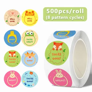 Cute animal cartoon reward stickers detail view, 500 pieces per roll for school and kindergarten.