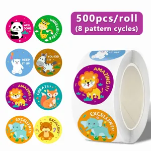 Detailed view of cute cartoon animal reward stickers roll, featuring multiple colorful patterns.