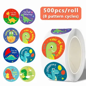 Cute dinosaur reward stickers roll for kids, 500pcs per roll with 8 unique lovely pattern cycles.