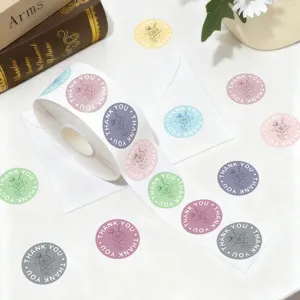 Rol van 500 ronde bedankt-stickers met schattige bloemenflesillustraties voor bakkerijafdichting.