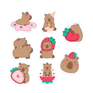 Cute cartoon capybara strawberry stickers detail view, waterproof PVC DIY decorative seals.