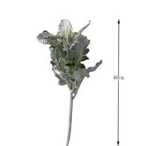 Artificial flocked dusty miller leaf stem, detail view of single decorative plant branch.