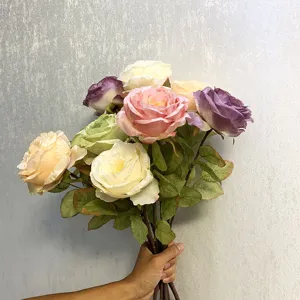 French vintage artificial rose bouquet, elegant burnt-edge silk flowers for home decor.