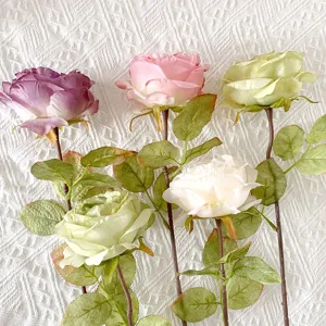 French Retro Artificial Rose Silk Flower Scorched Edge Long Stem Fake Flower For Home Living Room Decor Wedding