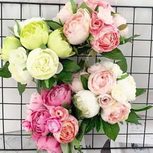 Artificial peony silk flower bouquet detail, vibrant floral arrangement for home decor.