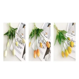 Detailed shot of artificial tulip bouquet, 5-head soft rubber flowers for home wedding decor.
