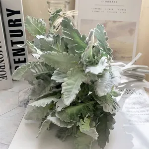 Artificial Dusty Miller bouquet flocked green leaves fake plant for home wedding decor