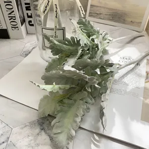 Artificial flocked dusty miller leaf branch for home decor wedding floral arrangement props.