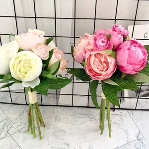 Artificial peony camellia silk flower bouquet for wedding bridal home decor, 2 packs.