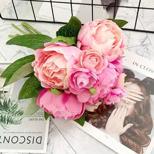 Artificial pink peony camellia flower bouquet silk floral arrangement for home wedding decor.