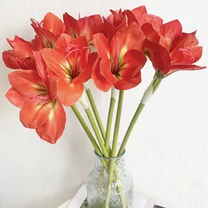 Bouquet di fiori di amaryllis artificiali in vaso di vetro per arredamento casa vista.
