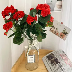 Artificial red geranium flowers in glass vase home decor photography prop simulation flower