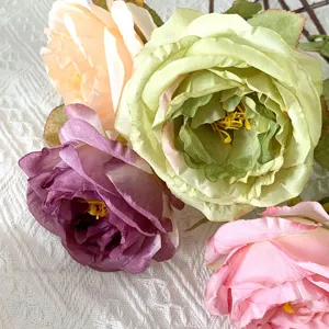 French retro artificial silk roses bouquet, vintage burnt edge faux flowers for home decor main