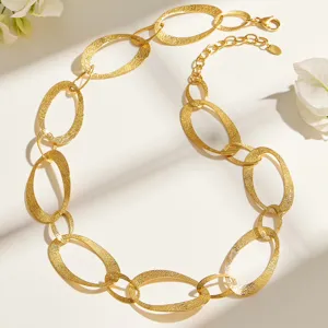Retro textierte 18k vergoldete Edelstahl klobige ovale Gliederkette Halskette für Damen